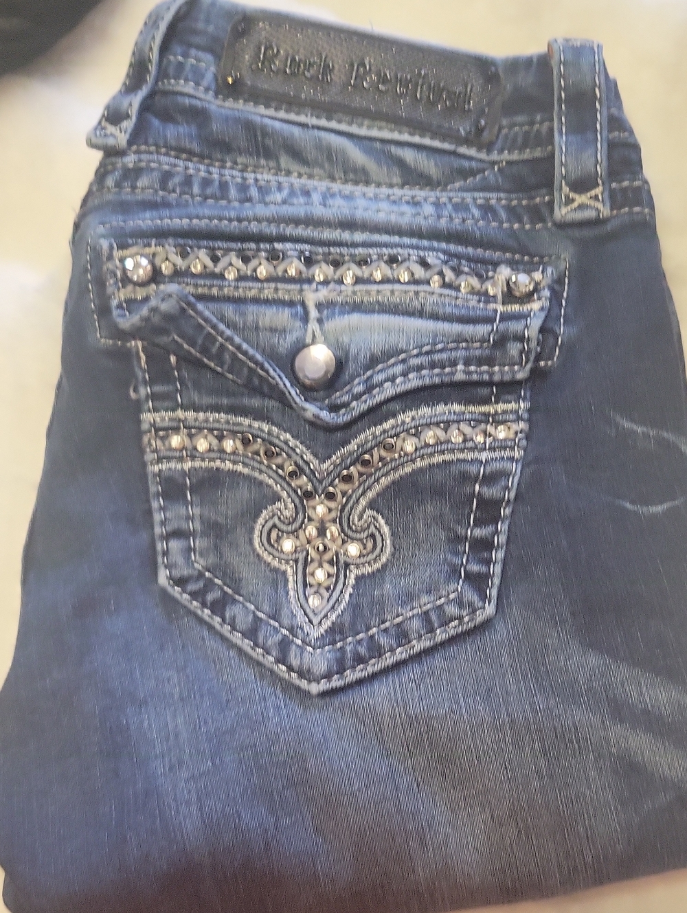 Rock Revival Women's Flo Easy Skinny Dark Blue Studded Pocket Skinny Jeans